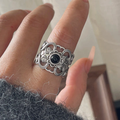 925 Sterling Silver Geometric Adjustable Wide Black Stone Retro Ring
