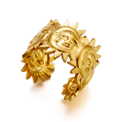 PVD Plated Stainless Steel Open Vintage Sun Leaf Shell Geometric Cuff Ring Set