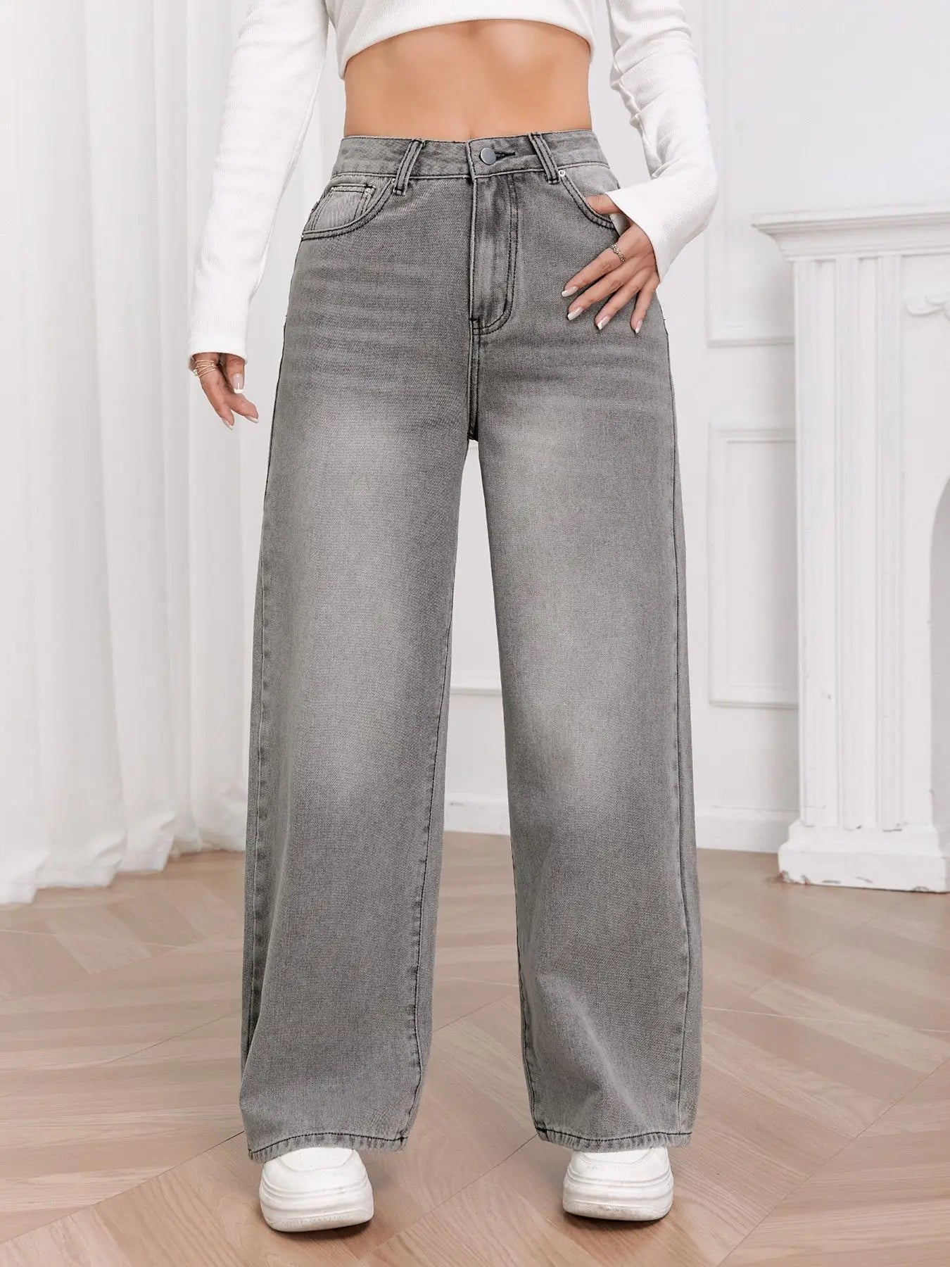 Sky Gray Wide Leg Comfortable Match Jeans