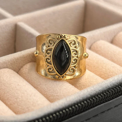 Bohemia Turquoise Natural Stone Wide Open 14K Gold Plated Stainless Steel Ring