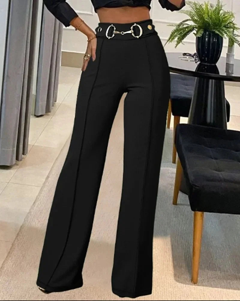 High-Waisted Metal Buckle Straight-Leg Pants