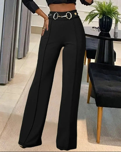 High-Waisted Metal Buckle Straight-Leg Pants