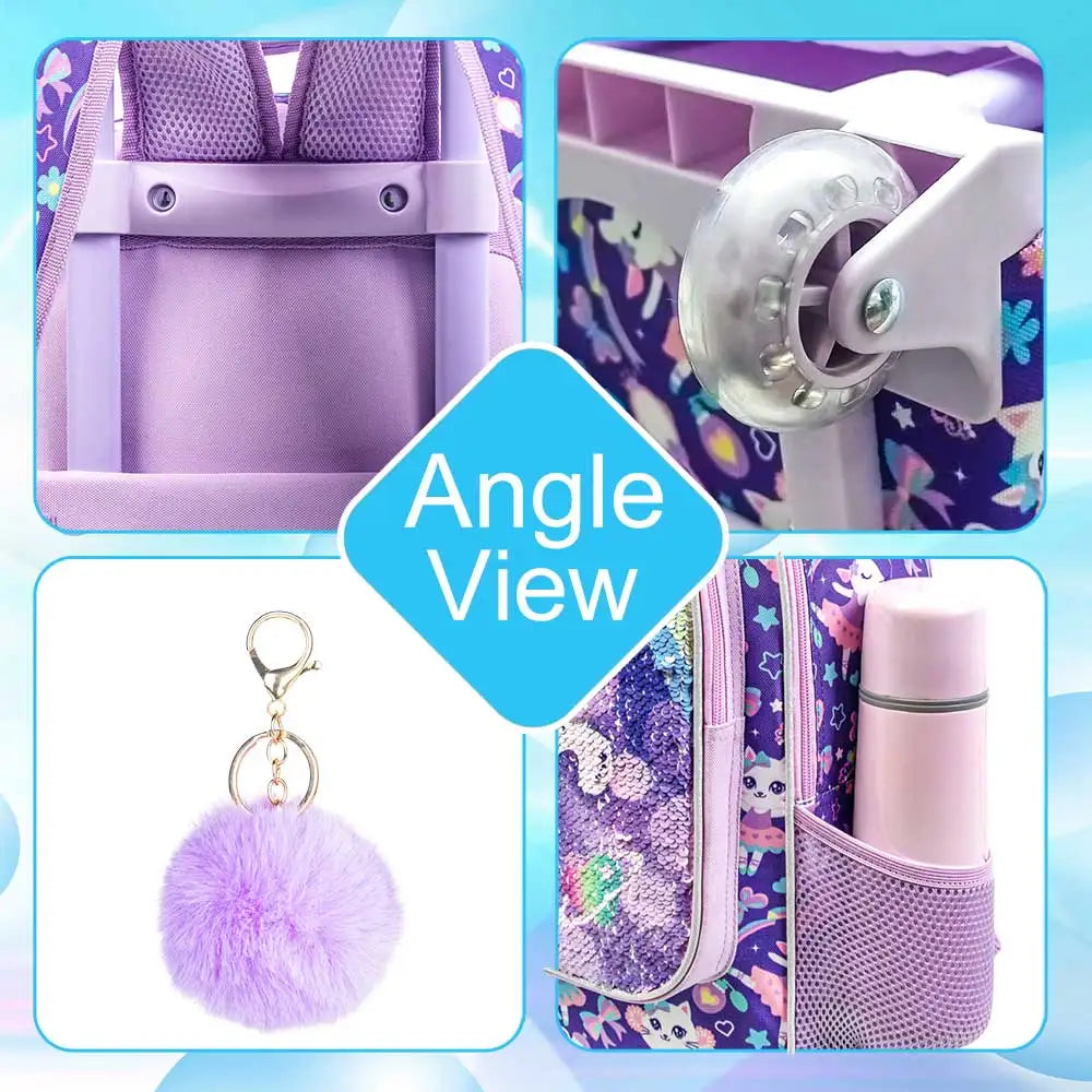 3PCS Rolling Backpack for Girls Kids Roller Wheels Bookbag