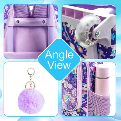 3PCS Rolling Backpack for Girls Kids Roller Wheels Bookbag