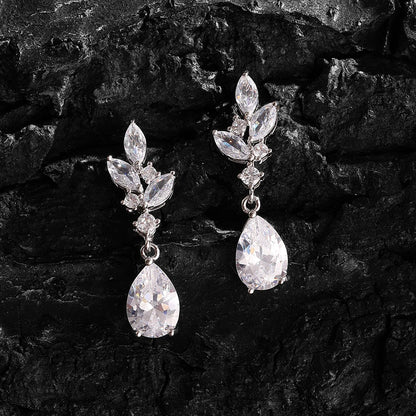 White Zircon Leaf Dangle Shinny Water Drop Crystal Earring
