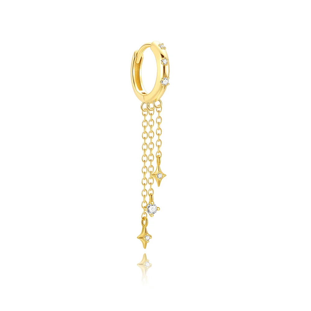 925 Sterling Silver Three Zircon Drop Long Chain Gold Hoop Buckle Piercing Earrings