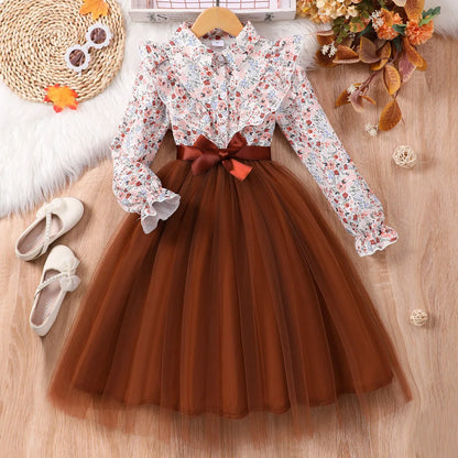 Black Long Sleeve Floral Gauze Belt Casual Elegant Teen Princess Dress