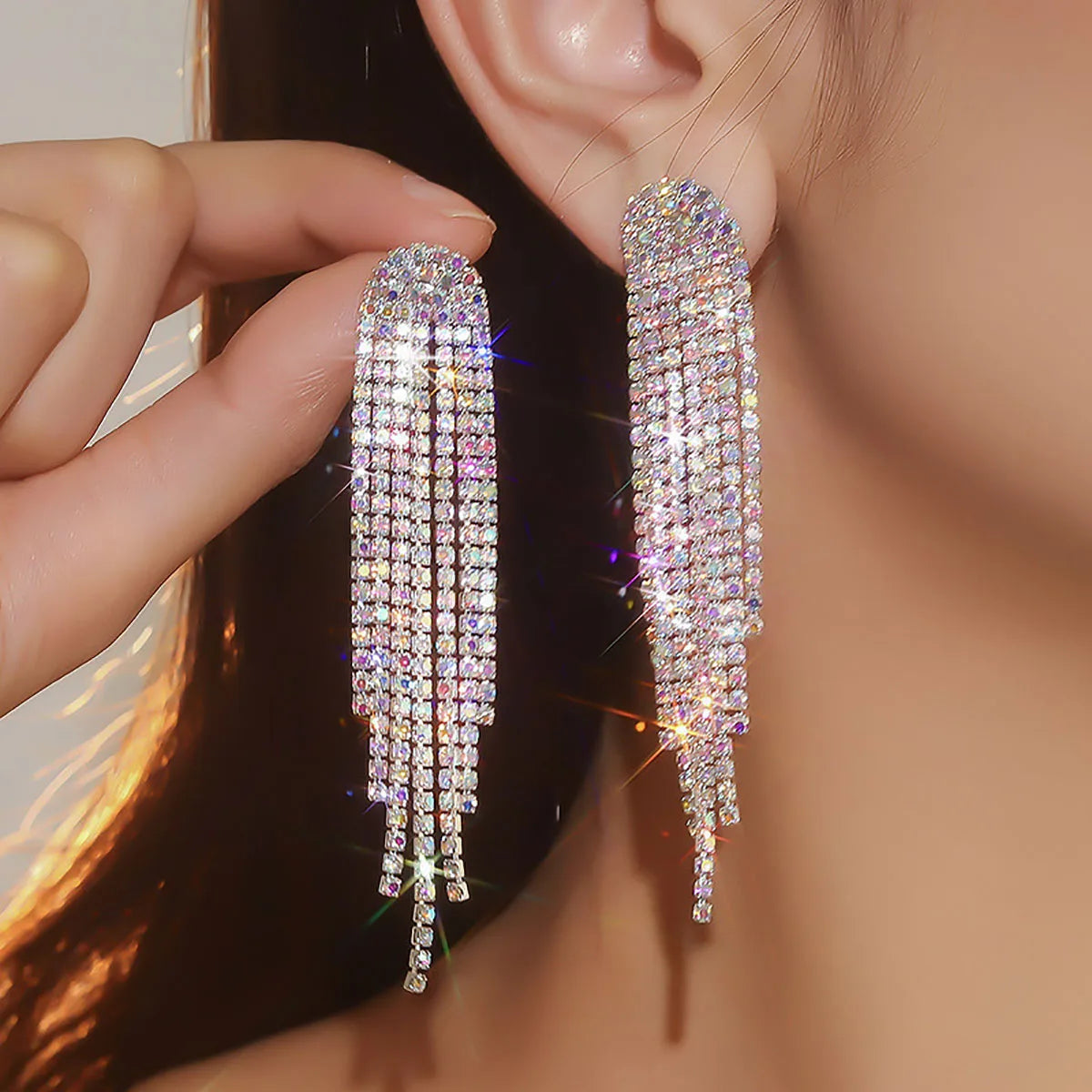 Shiny Rhinestone Crystal Tassel Long Earrings