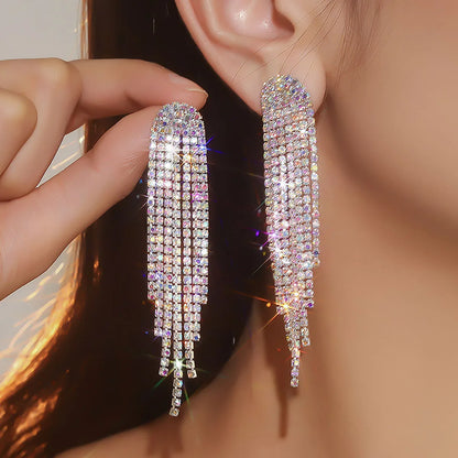 Shiny Rhinestone Crystal Tassel Long Earrings