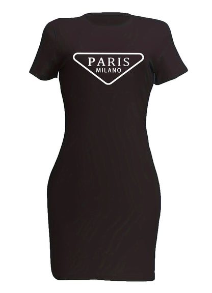 PARIS letter print casual slim fit short sleeved round neck T-shirt short mini dress