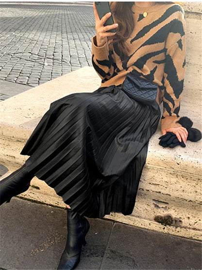 Leather Pleated High Waist long Skirt