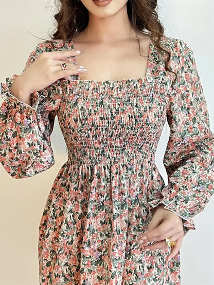 Long Sleeve Casual Chiffon Floral Elastic Chest Lace Up Midi Dress