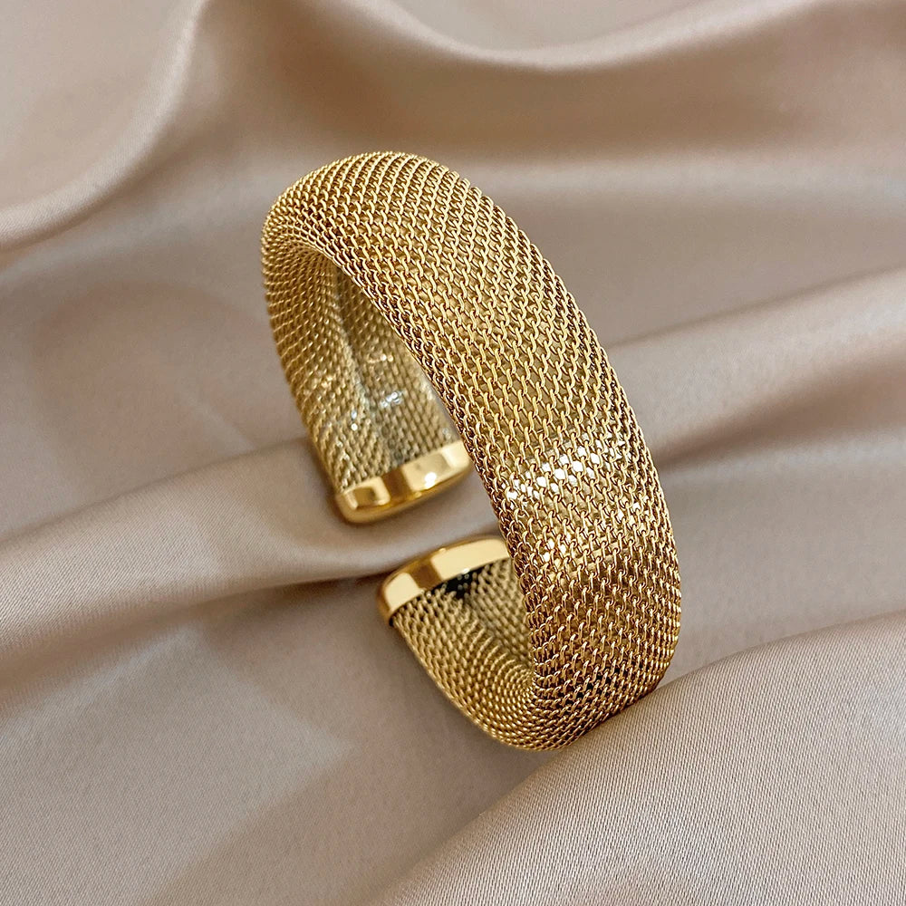 Vintage Y2K Stainless Steel Wide Weave Open Cuff Bangle Bracelet