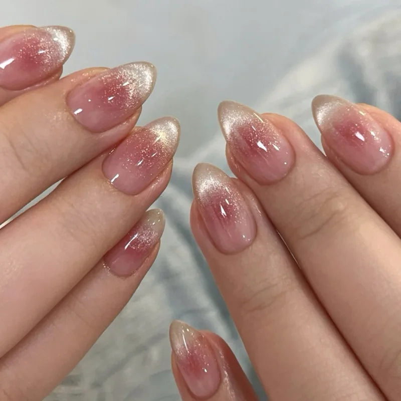 24Pcs Metallic Cat Eye French Sheer Manicure Tip Art Textured 3D Acrylic False Nails