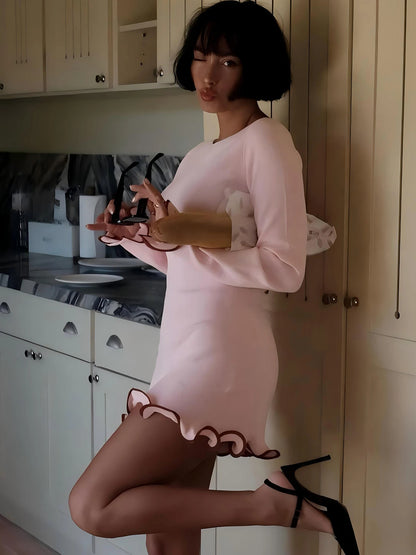 O-Neck Long Sleeves Ruffles Mini Dress