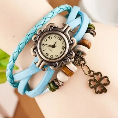 Vintage Leather Bracelet Butterfly Clover Pendant Quartz Watch