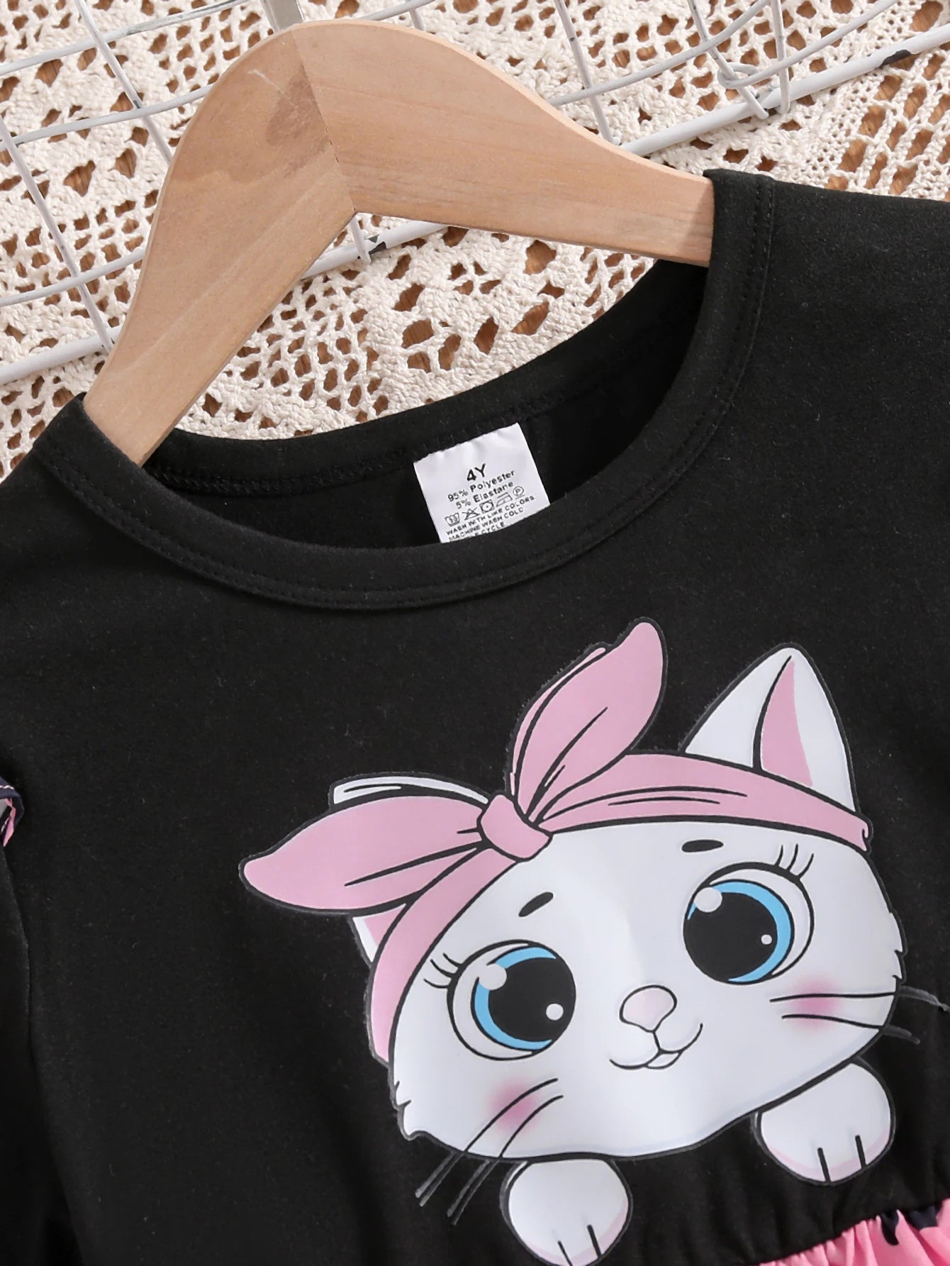 Cat Print Flutter Sleeve Short-Sleeve Patchwork Dress