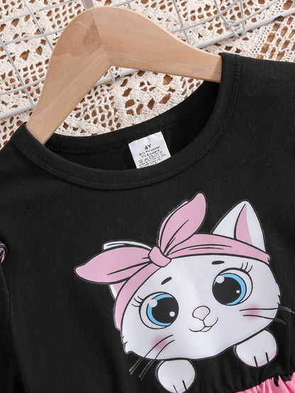 Cat Print Flutter Sleeve Short-Sleeve Patchwork Dress