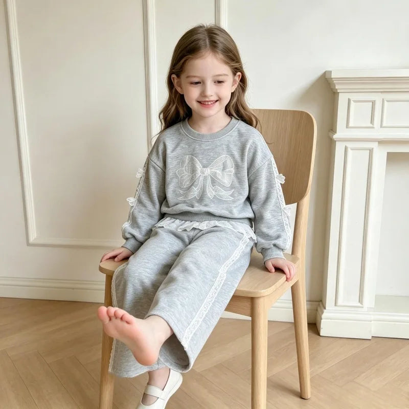 Autumn Bow Sweatshirt+Lace Patchwork Pants Set