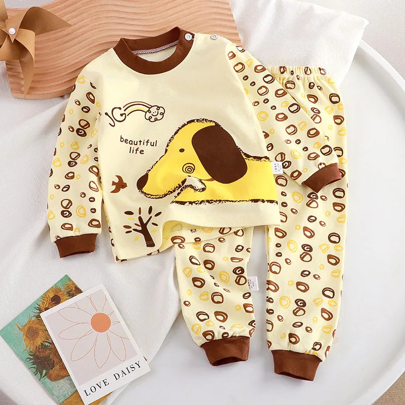 Autumn Cartoon Cat Print Long Sleeve Cotton Sleepwear Pajamas Set