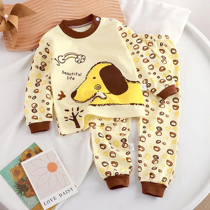 Autumn Cartoon Cat Print Long Sleeve Cotton Sleepwear Pajamas Set