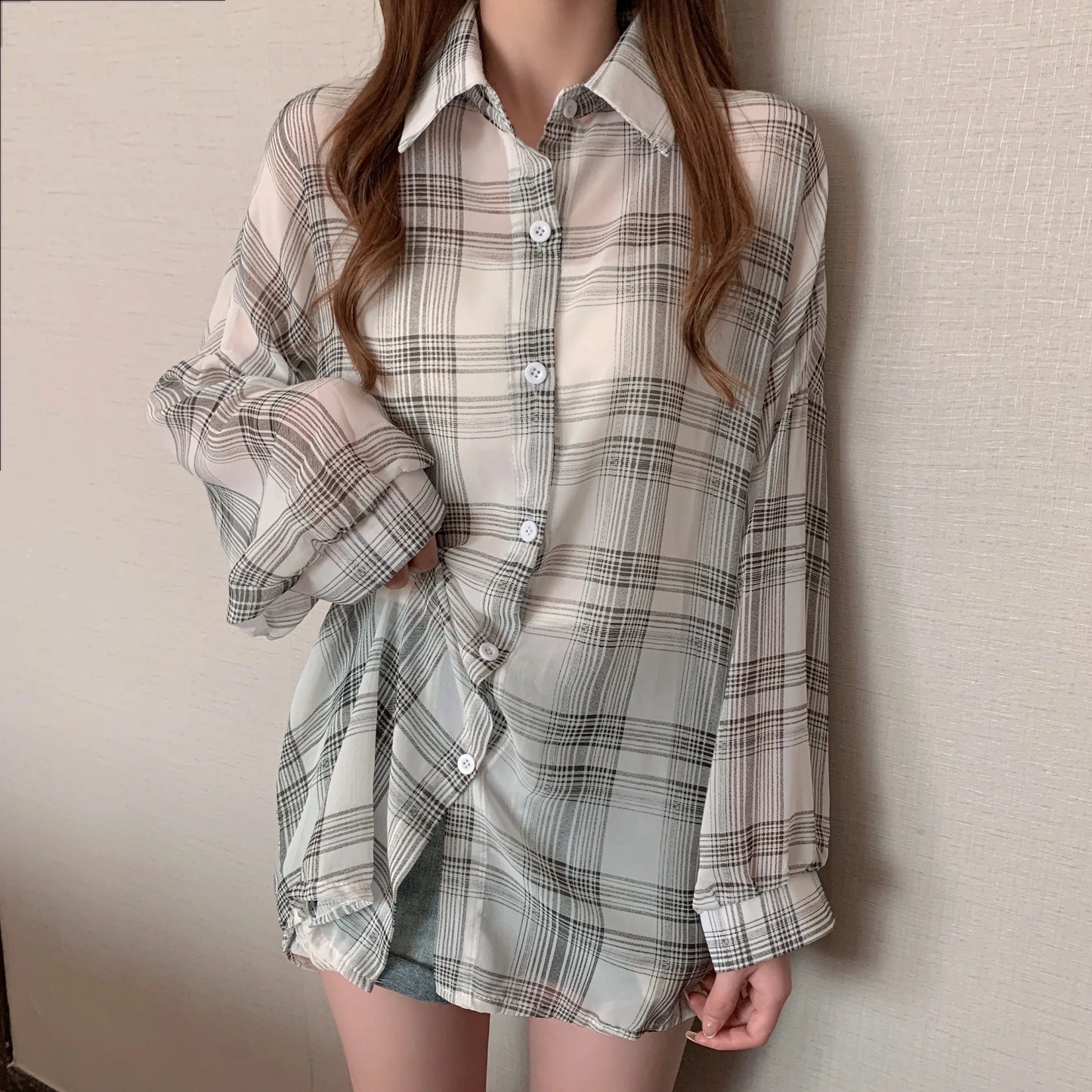 Sheer Chiffon Plaid Oversized Shirt