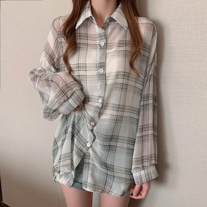 Sheer Chiffon Plaid Oversized Shirt