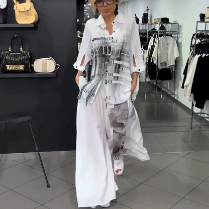 Long Sleeve Button Shirt & Wide Leg Pants Set