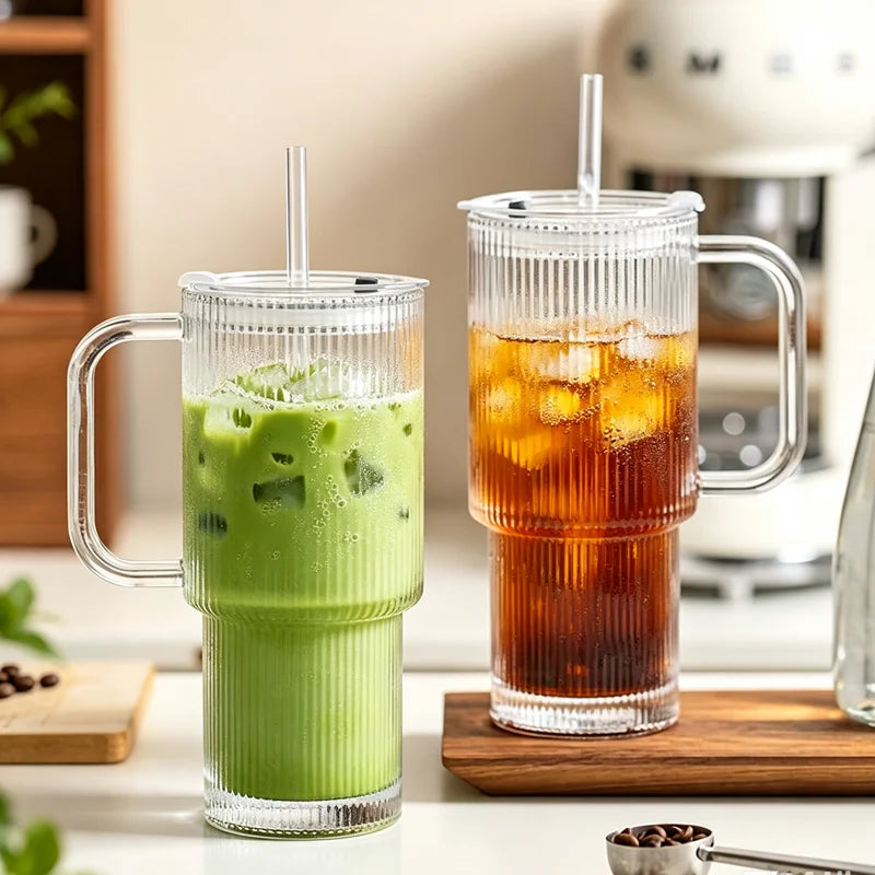Vertical Striped Glass Cup With Handle Lid Straw Large Drinking Mug