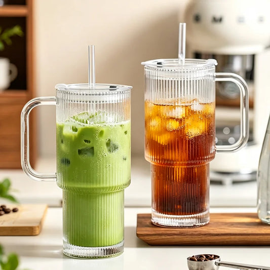 Vertical Striped Glass Cup With Handle Lid Straw Large Drinking Mug