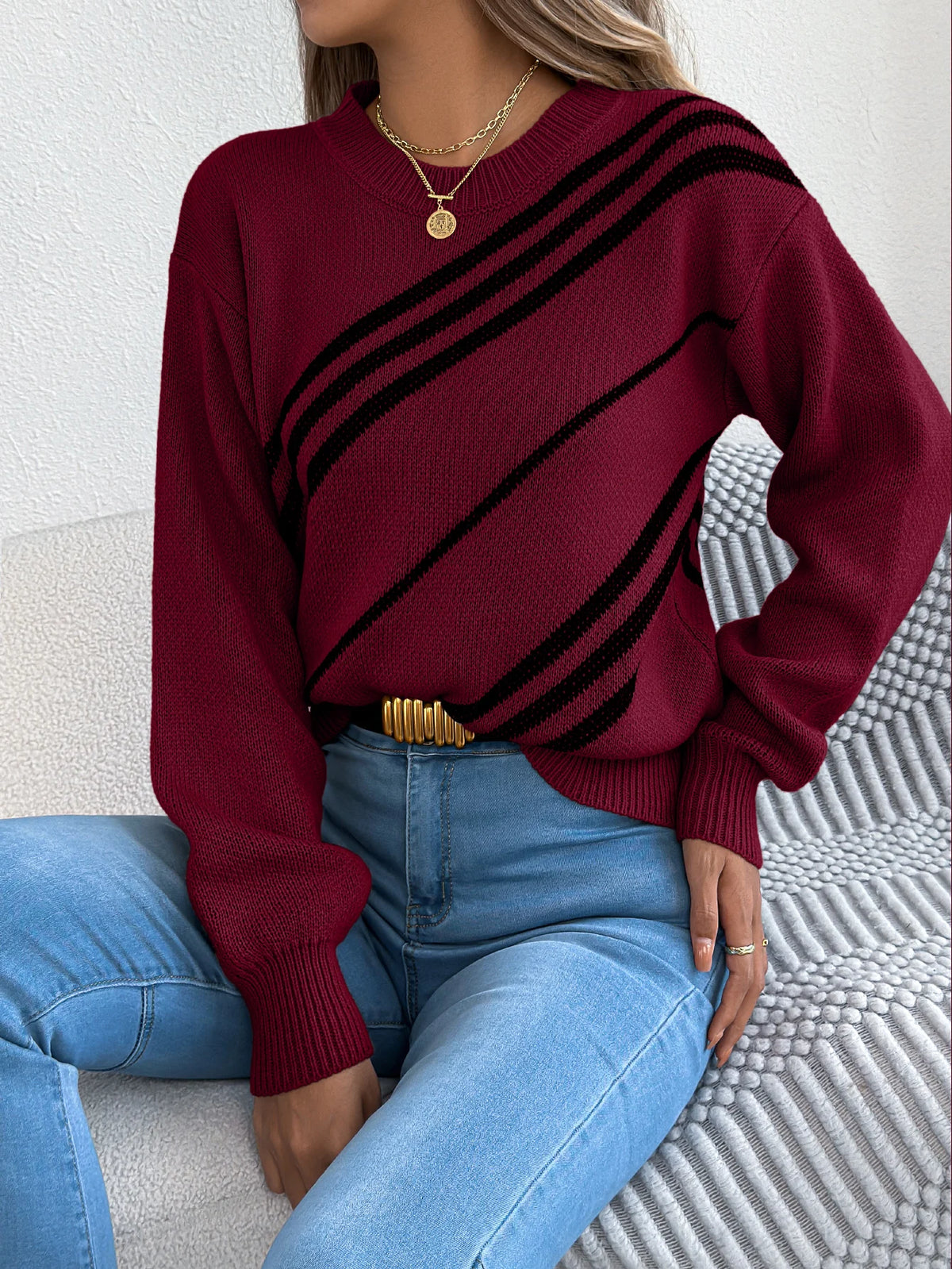 Twill Texture Color Block Round Neck Long Sleeve Cabin Core Knit Pullover