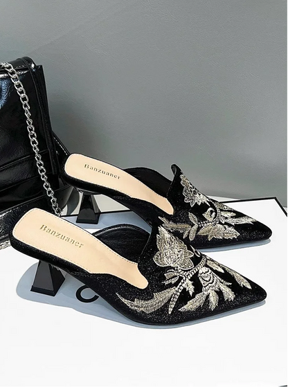 Elegant Velvet Mule Heels Pointed Toe Cone Heel Shoes