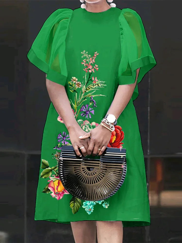 Mesh Patchwork Sundress Mini Ruffle Short Sleeve Dress