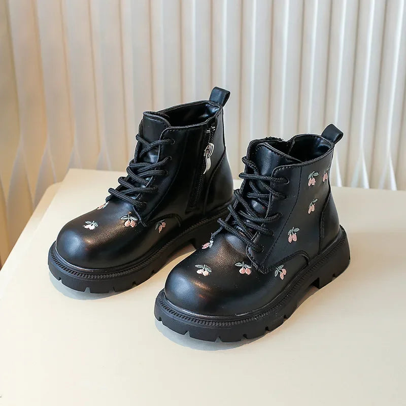 Ankle Sweet Embroider Spring Autumn Leather Boots