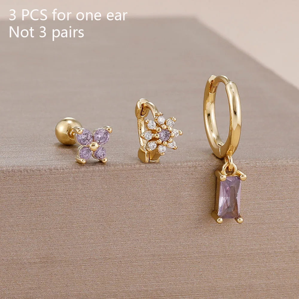 14K Gold Plated Zircon Square Hoop Stainless Steel Butterfly Stud Earring Set