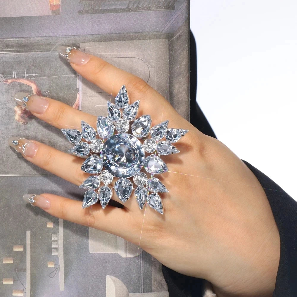Stonefans Snowflake Exaggerate Finger Round Rhinestone Open Ring