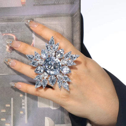 Stonefans Snowflake Exaggerate Finger Round Rhinestone Open Ring