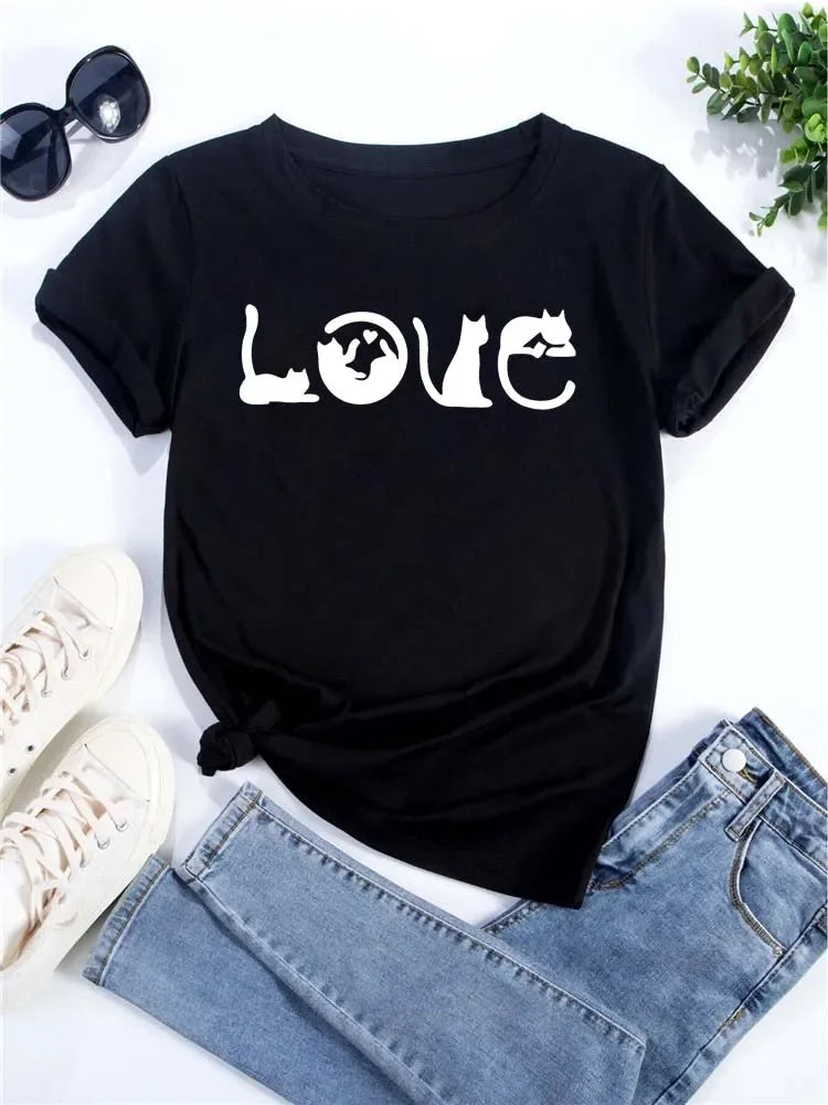 Love Heart Cat Print T-Shirt