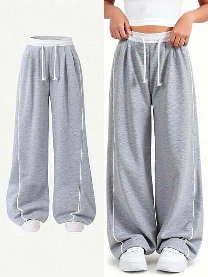 Contrast Line Drawstring Waist Baggy Wide Leg Casual Sport Sweatpants