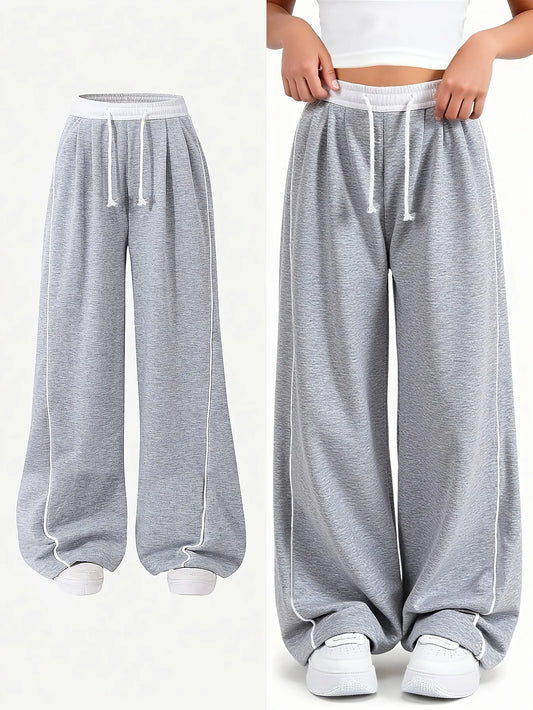 Contrast Line Drawstring Waist Baggy Wide Leg Casual Sport Sweatpants