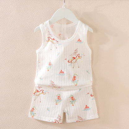 Cartoon Thin Style Sleeveless Baby Pajamas Set