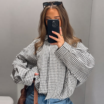 Plaid Bomber Oversized Long Sleeve Top Casual Zipper Jacket