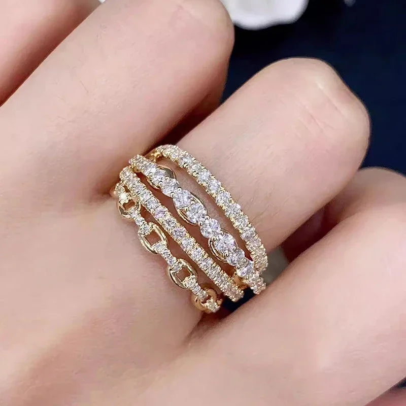 Huitan Multi-layers Gold Color Inlaid Shiny CZ Rings