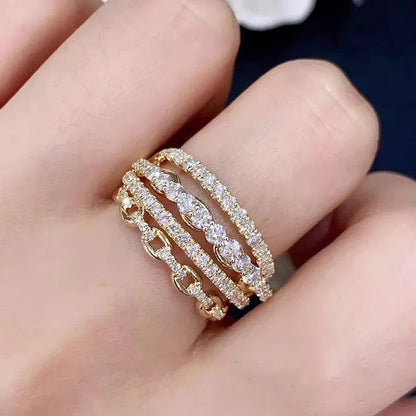 Huitan Multi-layers Gold Color Inlaid Shiny CZ Rings