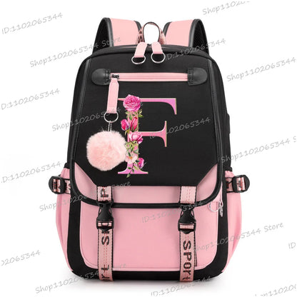 Black Pink Backpacks 26 Initials Flower A-Z Alphabet Large Capacity Students Bookbag