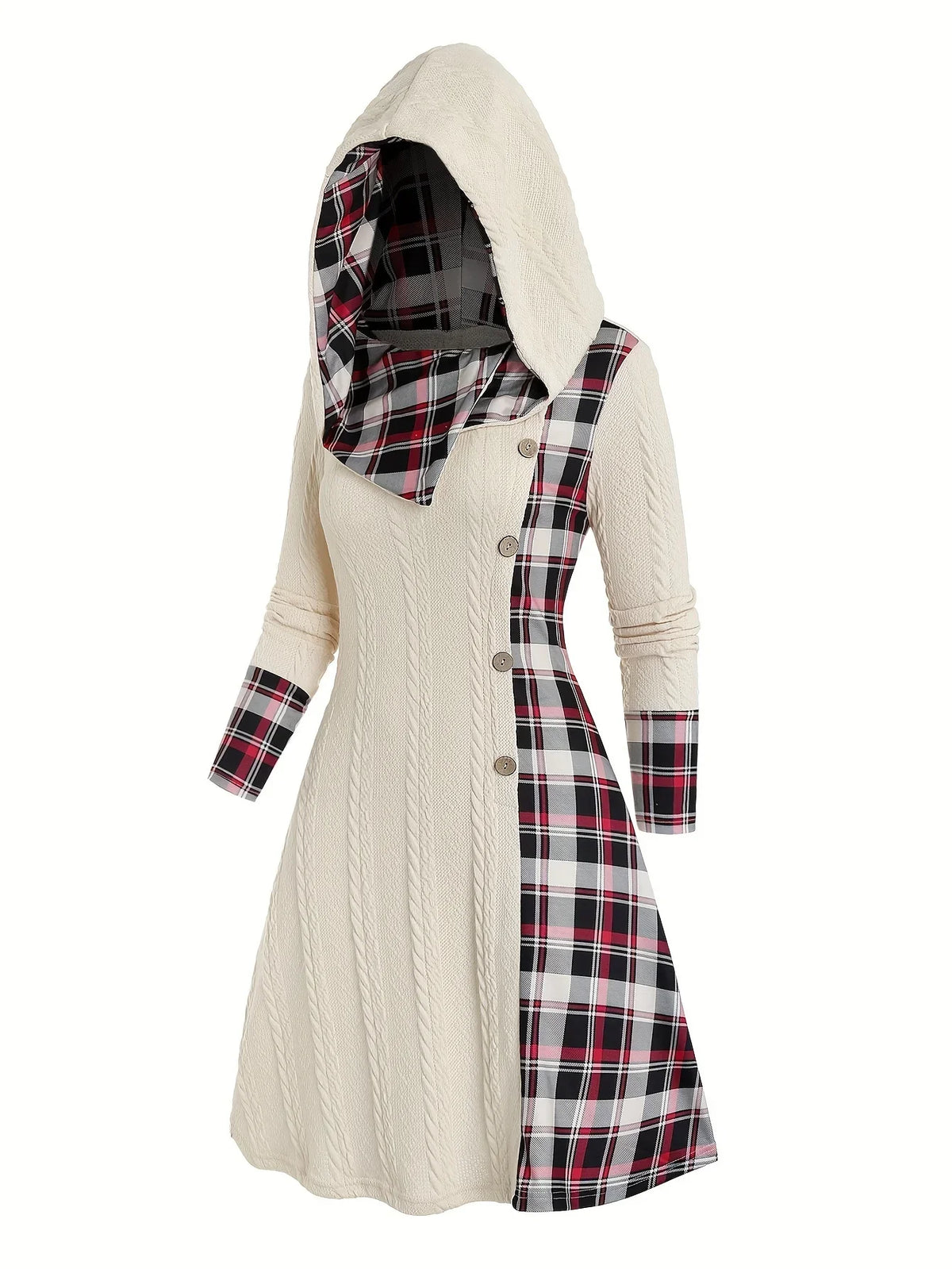 Knitted hooded plaid print stitching fake buckle high waist long sleeve dress