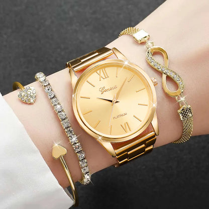 4PCS/Set Rhinestone Luxury Steel Band Quartz Bracelets Watches Set