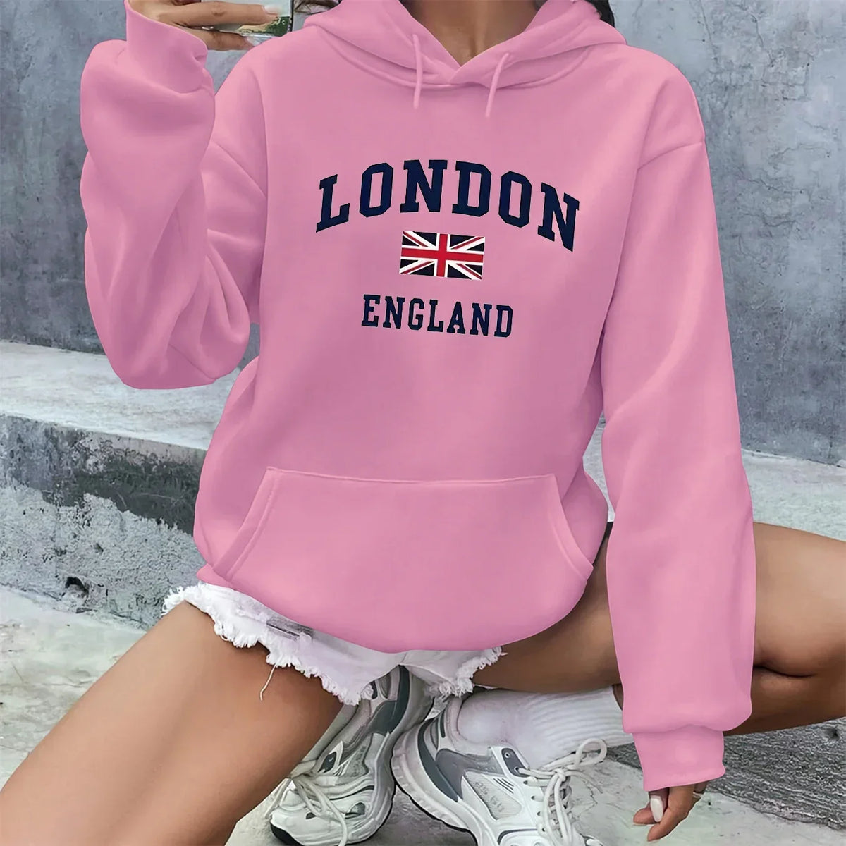 Casual Loose London England Print Hooded Long Sleeved Warm Pullover