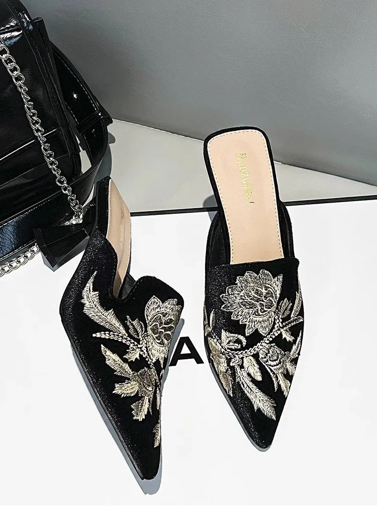 Elegant Velvet Mule Heels Pointed Toe Cone Heel Shoes