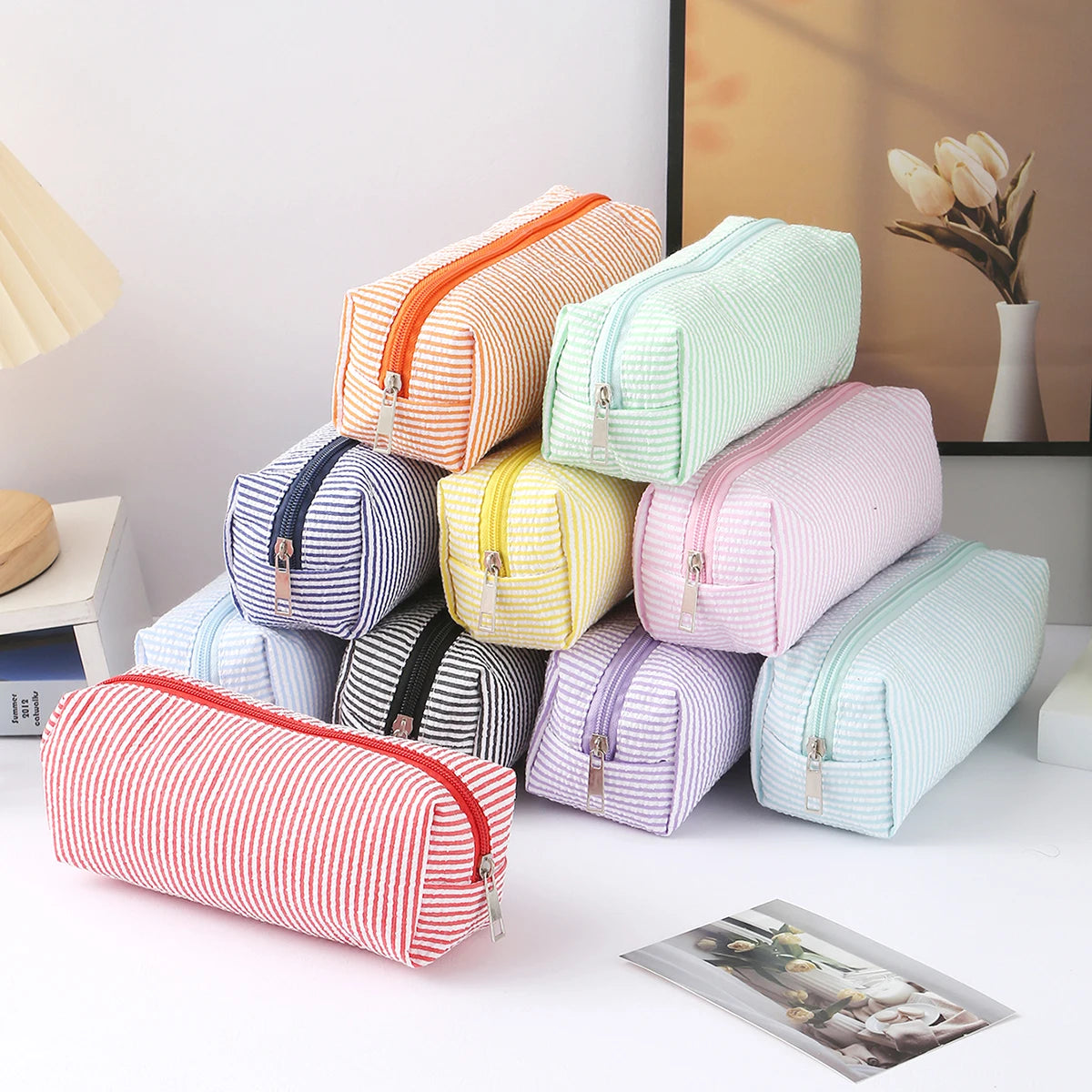 Cute Striped Canvas Pencil Case Small Travel Pouch with Zipper